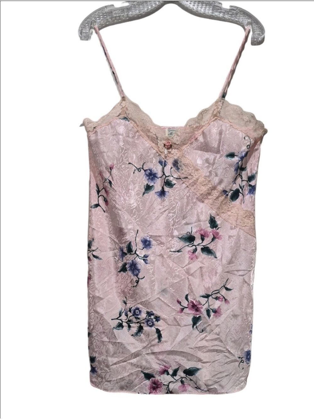 Vintage 90s California Miss Pink Floral Satin Slip Nightgown  Coquette Lace Slit